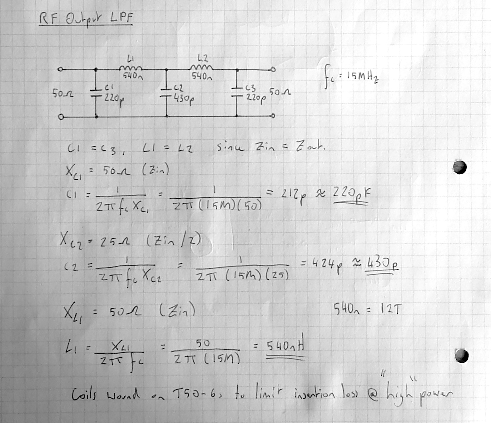 RF output low-pass filter schematic and calculations