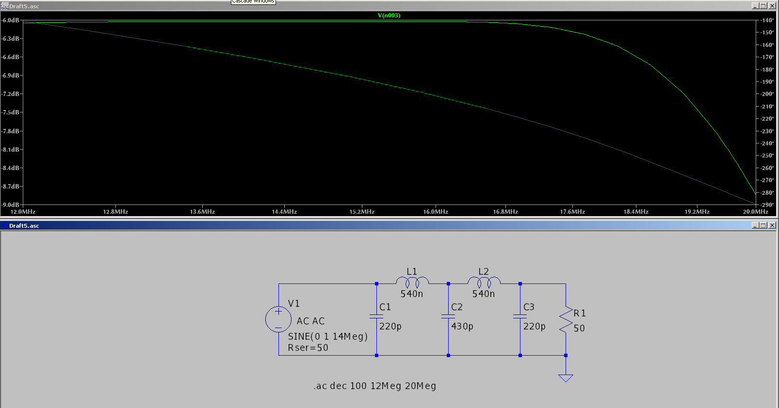 Simulated bode plot of the lowpass filter