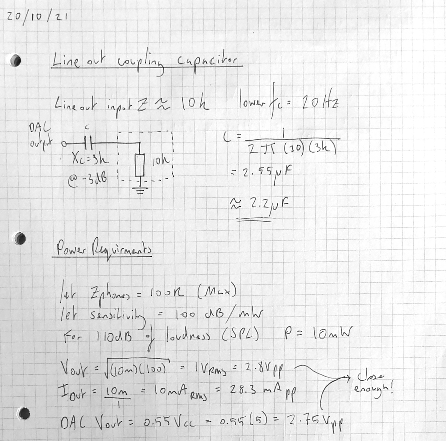 Line output coupling capacitor and headphone power calculations